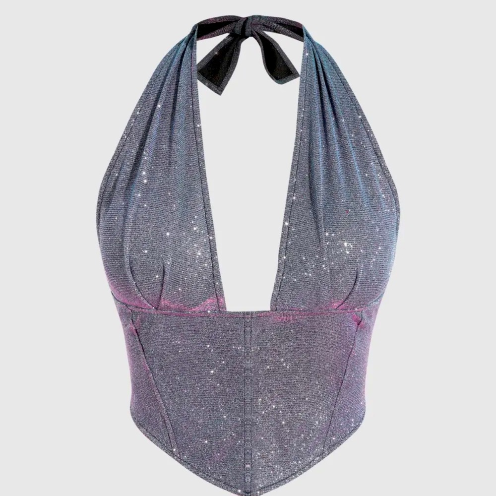 glitter deep cut halter top